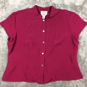 Talbots Blouse Womens 14 Petite Pink Silk Buttons Short Sleeve Mandarin Collar